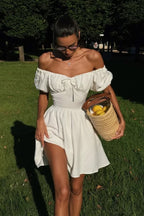 Off Shoulder Puff Sleeve Tie Mini Dress