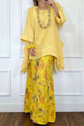 Raw Edge Neck Irregular Linen Top & Ink Floral Wide Leg Pants Set