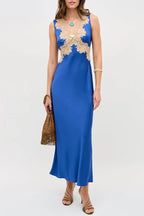 A Little Sultry Satin Floral Lace Trim V-neck Sleeveless Drape Maxi Dress
