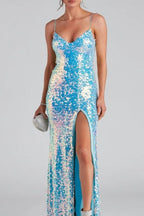 Beaded Split Spaghetti Strap Bridesmaid Evening Sequin Dress