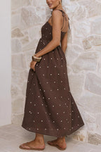 Fashionable Polka Dot Print Suspender High-waisted Pleated Casual Maxi Dress