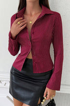 V Neck Striped Long Sleeve Blouse