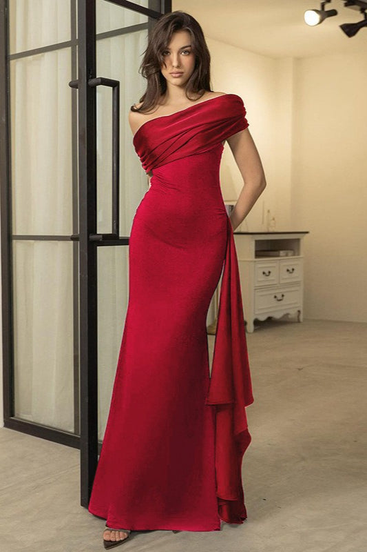 Elegant OneShoulder Tulle Sash Slim Fit Black Long Formal Dress
