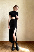 Black Sexy Women Aline Slits High Waist Slim Hipcovering Solid Midlength Long Streetwear Skirt