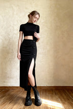 Black Sexy Women Aline Slits High Waist Slim Hipcovering Solid Midlength Long Streetwear Skirt