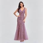 Dress Sleeveless V - neck Embroidery Sequin Slim Fishtail Bridesmaid Evening Dress for
