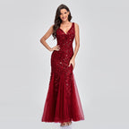 Dress Sleeveless V - neck Embroidery Sequin Slim Fishtail Bridesmaid Evening Dress for