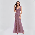 Dress Sleeveless V - neck Embroidery Sequin Slim Fishtail Bridesmaid Evening Dress for