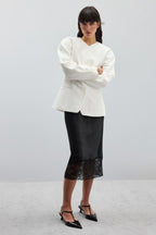 Solid Satin Lace Trim Bodycon Skirt