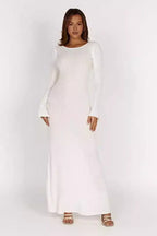 Knit Backless Tie Waist Long Sleeve Bodycon Dress