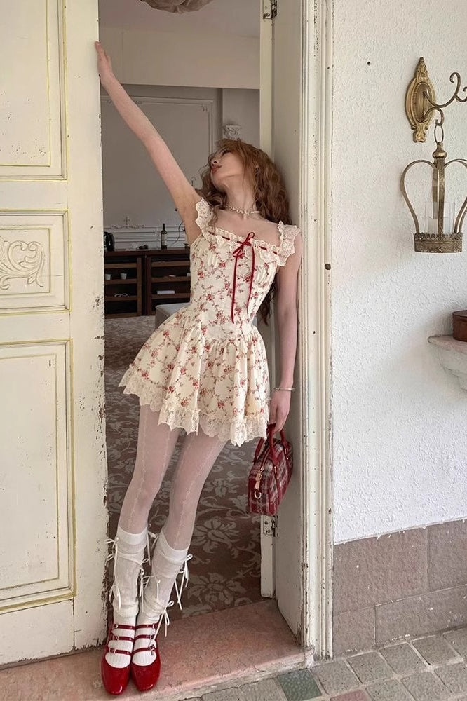 Floral Lace Up Corset Mini Dress
