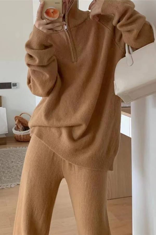 Casual Lapel Sweater and Wide-leg Pants Two-piece Suit