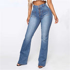 High Waist Elastic Jeans Women Button Washed Denim Pants Femme Pocke