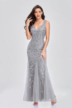 V Neck Sheer Embroidered Sequin Sexy Prom Dress