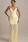 Patchwork V Neck Ruched Backless Maxi Dress