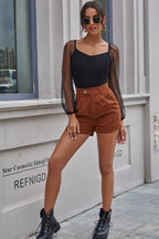 Corduroy High Waist Belt Short Trousers