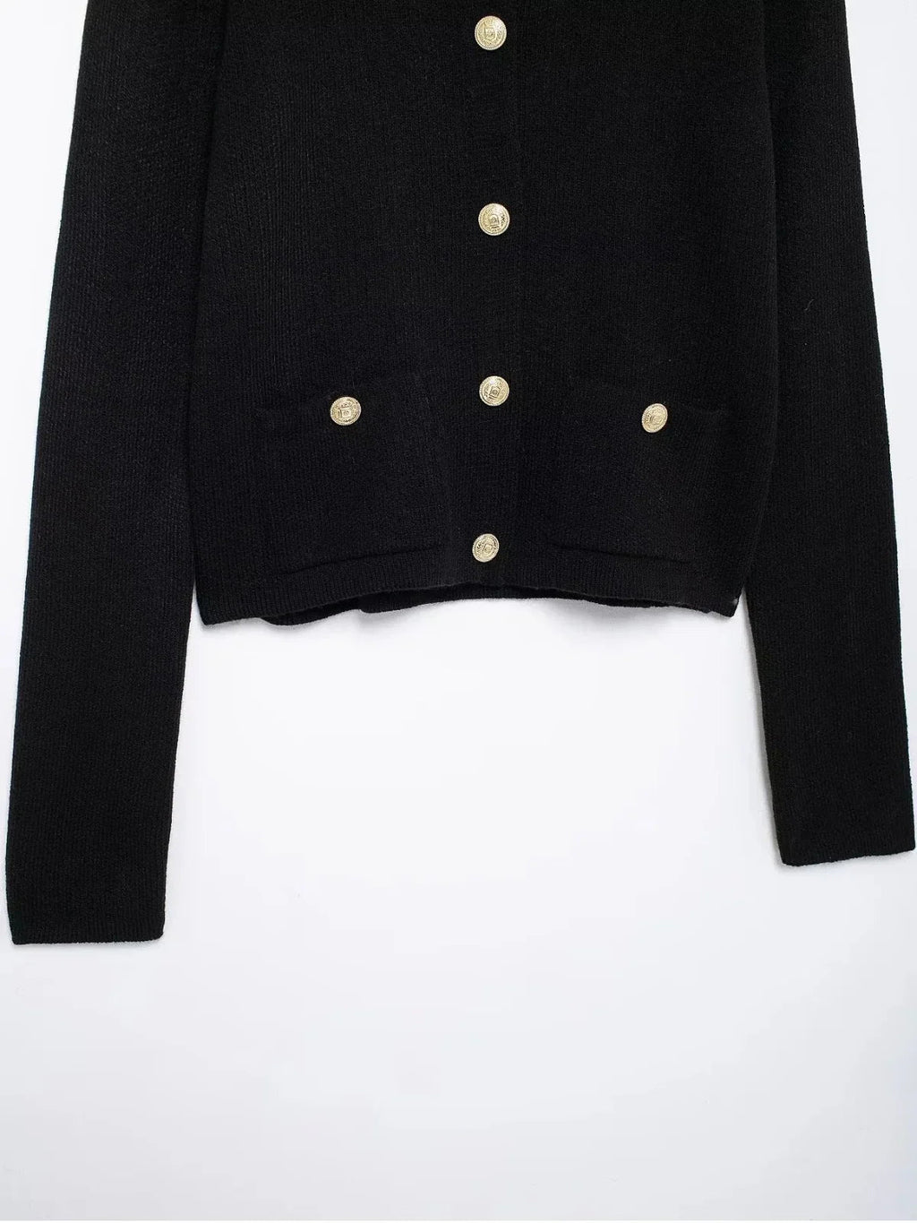 Gold Decorated Row Button Short Knitted Cardigan