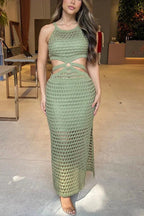 Stunning Gaze Knit Texture Ring Side Waist Cutout Stretch Maxi Dress（Note: top without lined, you can bring your own bra）