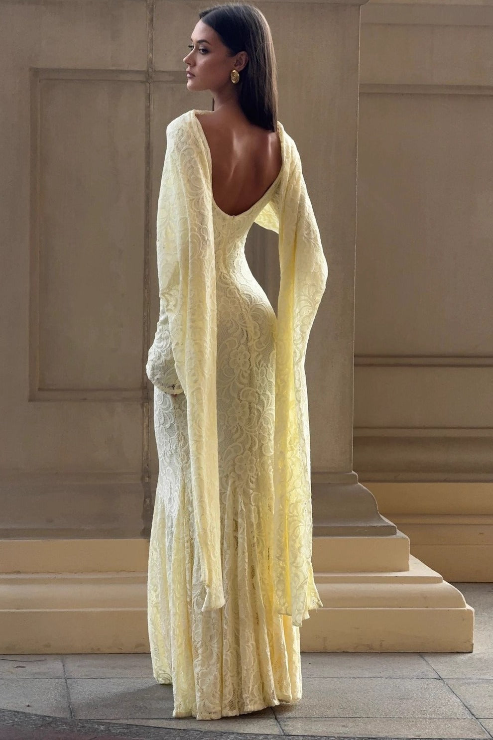 Elegant Long Sleeve Lace Mermaid Backless Formal Dress