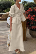 Linen Two-Piece Set with Tie-Front V-Neck Puff Sleeve Peplum Top & High-Waist Midi Skirt