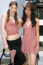 Vintage Red Plaid Deep V Halter Mini Dress