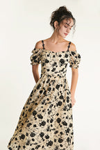 Beige Off-the-Shoulder Velvet Floral Midi Dress