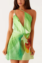 Floral Cowl Neck One shoulder Mini Dress