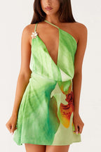 Floral Cowl Neck One-shoulder Mini Dress