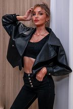 Black Short Faux Leather Collared Loose Jacket