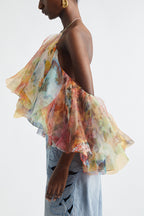 Dreamy Piece Floral Rendered Print Layered Ruffles Fanned Halter Top