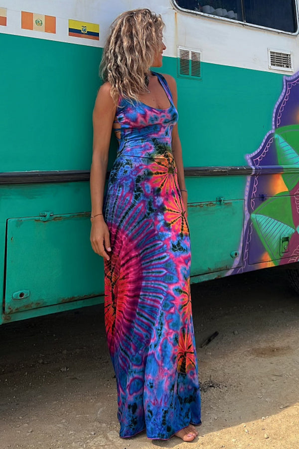 La Bamba Tie-dye Print Back Lace-up Stretch Maxi Dressï¼_ith built-in braï¼