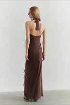 Solid  Halter Deep V Back Lace Detail Long Prom Dress