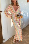 Yolanda Boutique V Neck Lantern Sleeves Geometric Print Maxi Dress Premium Wardrobe Essential