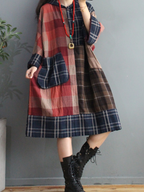 Plaid Cotton Loose Large Pockets Hooded Dress