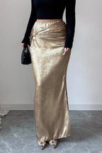 Metallic Ruched Slit Bodycon Pencil Skirt
