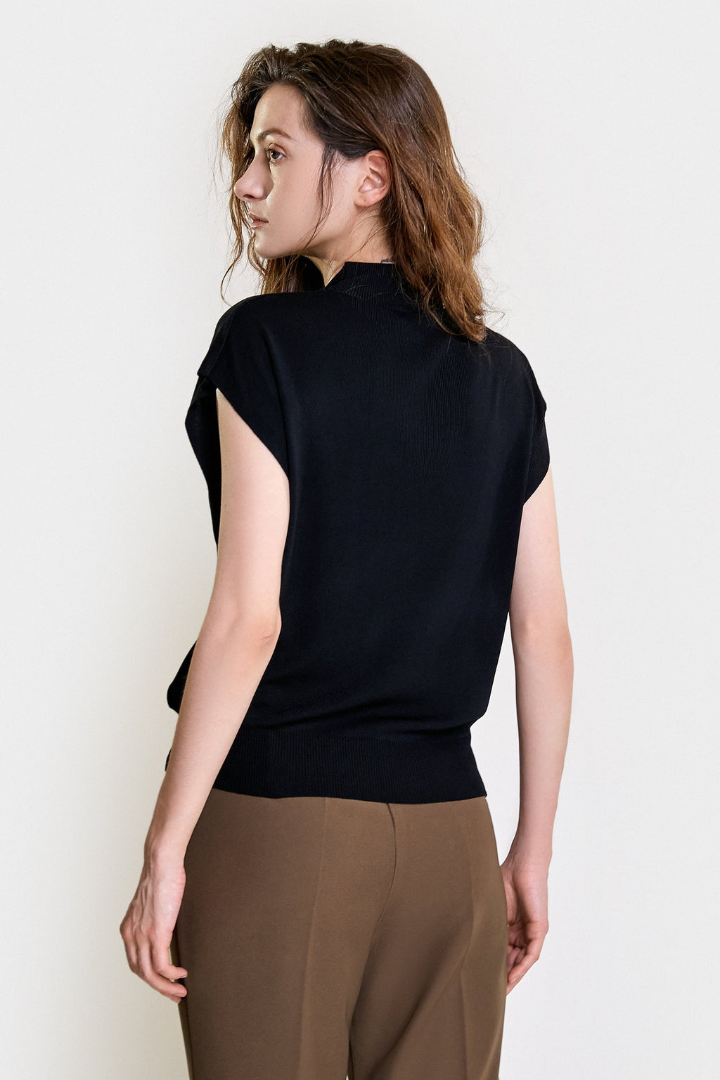 Black Rib-Knit Mock Neck Cap Sleeve Top