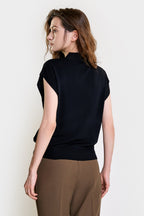 Black Rib-Knit Mock Neck Cap Sleeve Top