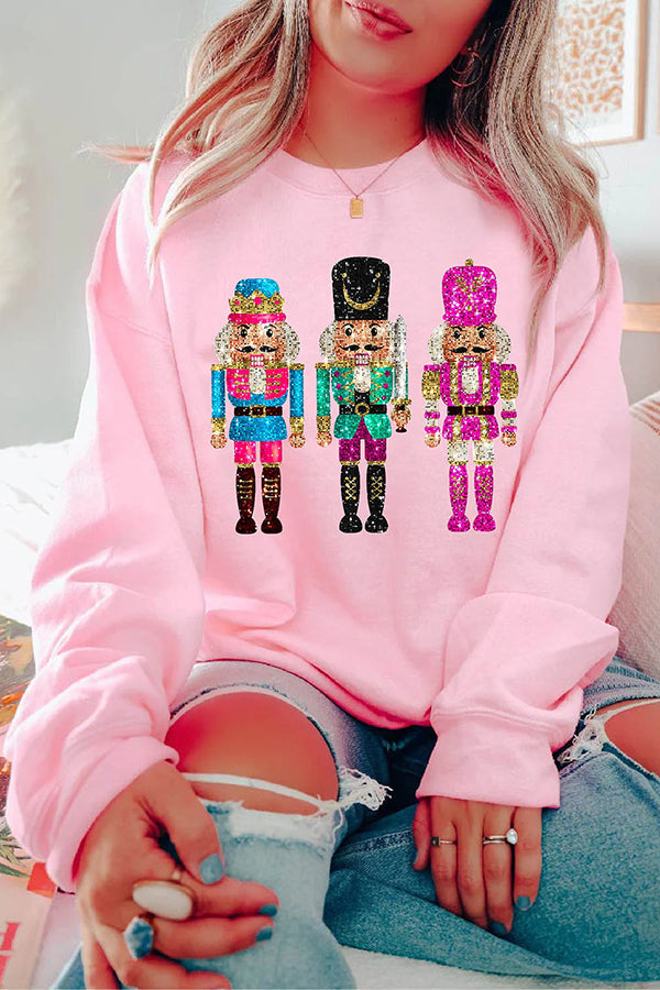 Christmas Soldier Sequin Loose Crew Neck Long Sleeve Sweatshirt