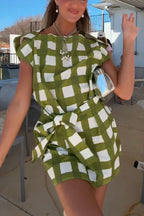Elena Plaid Print Split Short Sleeve Tie-up Waist Loose Mini Dress
