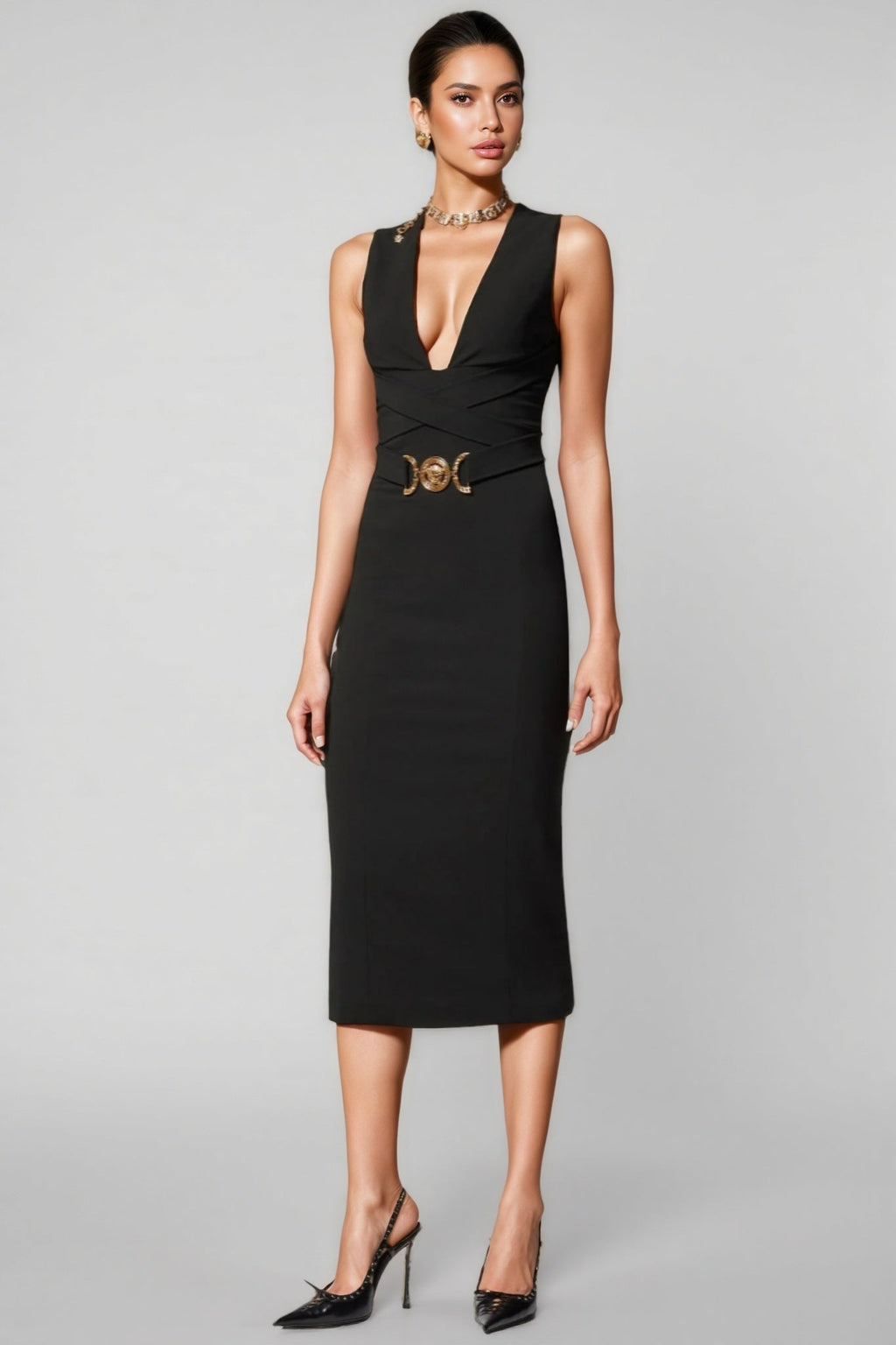 Noric Black V-Neck Bandage Midi Dress
