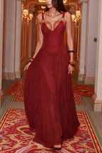 Solid Color V-neck Sleeveless Slim-fit Elegant Mesh Maxi Dress