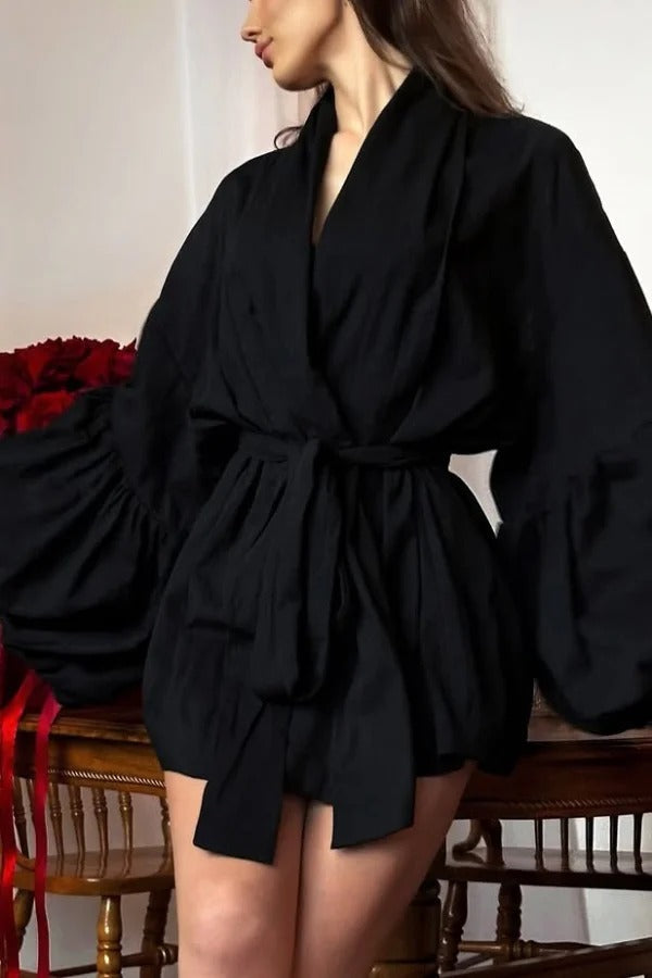 Solid Color Loose Long-sleeved Tie-front Top and Elastic Waist Casual Shorts Set