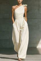 Solid Color Sleeveless One-shoulder Fitted Waist Casual Pocket Loose Wide-leg Jumpsuit