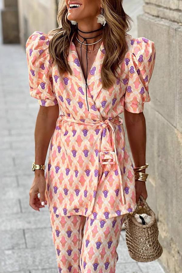 V-Neck Puff Sleeve Print Tie-Waist Wide-Leg Pants Set