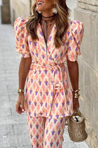 V-Neck Puff Sleeve Print Tie-Waist Wide-Leg Pants Set