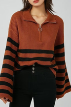 Turtleneck Zipper Striped Cardigan Sweater