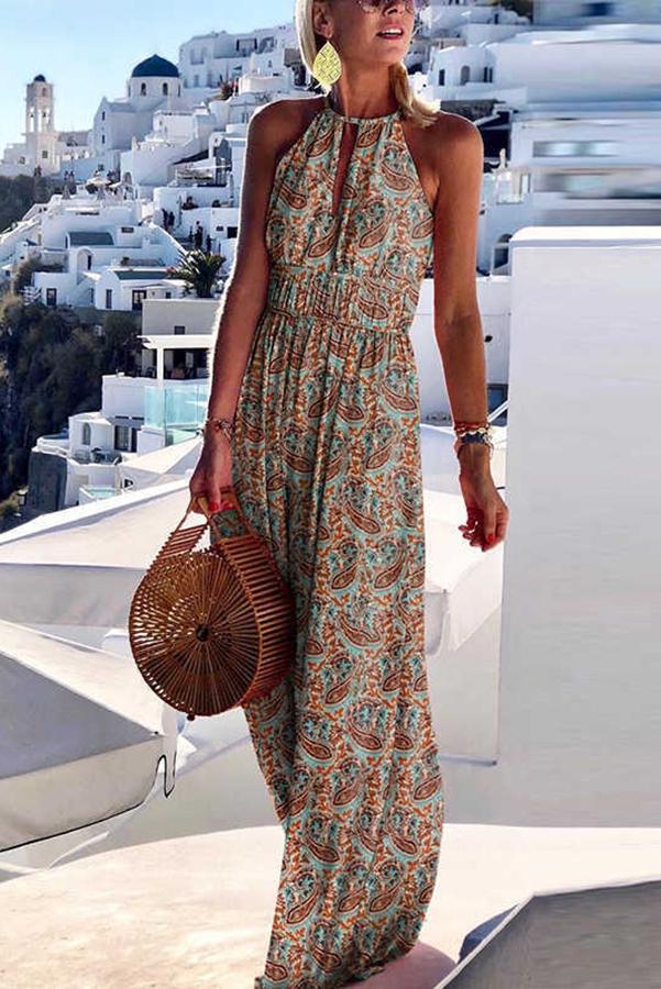 Women's fashionable and elegant vacation style printed large hanging neck design with a sense of long skirt