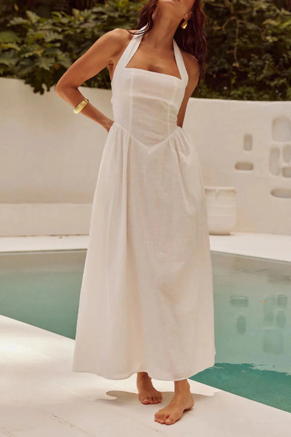 Yolaina Premium Plain Sleeveless Dresses with Pocket Pleats and Halterneck Wardrobe Essential