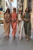 Halter Neck Pleated Loose-fitting Vacation Maxi Dress