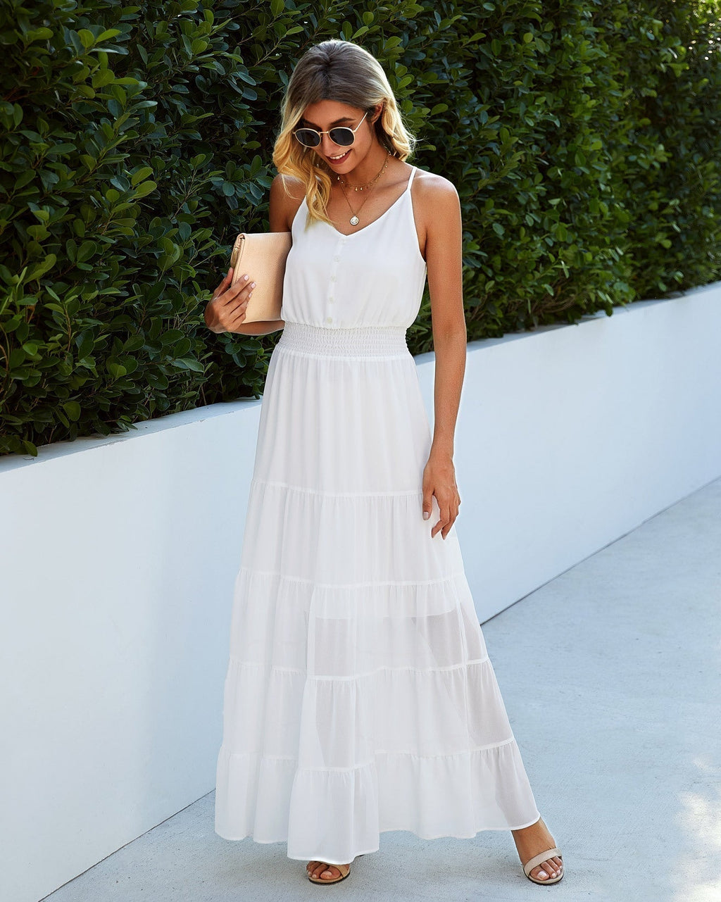 Sunshower Cotton Tiered Maxi Dress Optic White